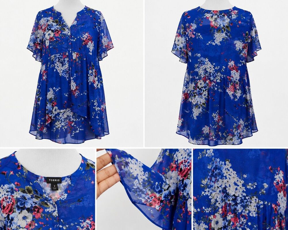 Torrid Size 2 Blue Floral Babydoll Tunic Dress Plus Size Sheer top.